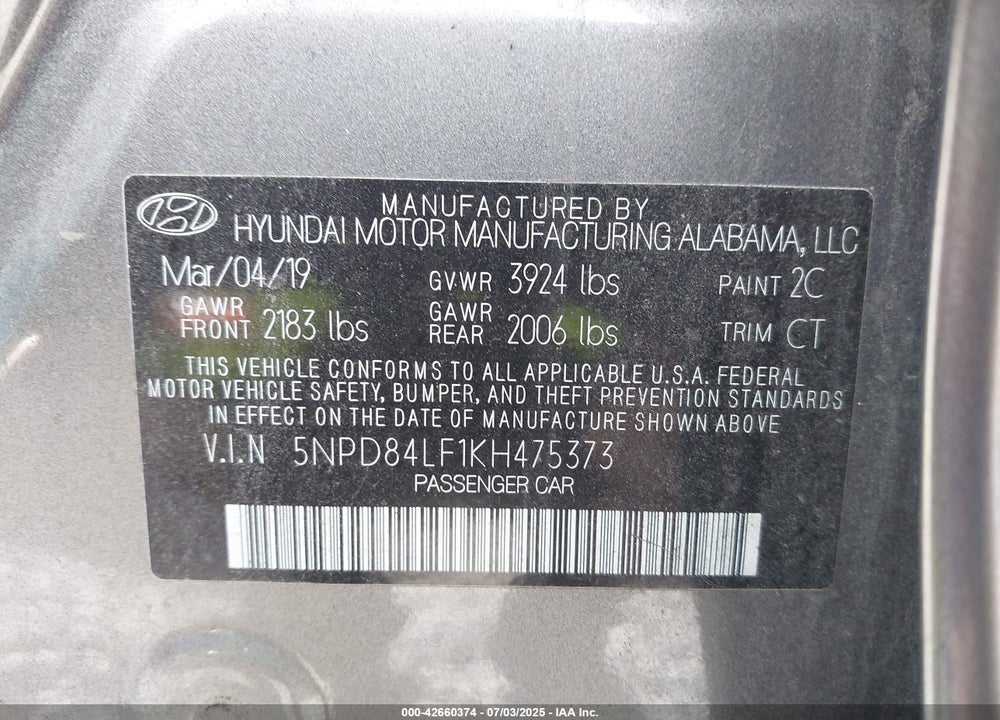 2019 HYUNDAI ELANTRA VIN: 5NPD84LF1KH475373