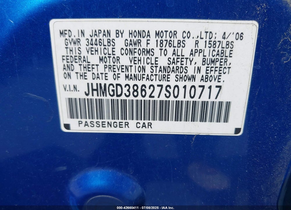 2007 HONDA FIT SPORT VIN: JHMGD38627S010717