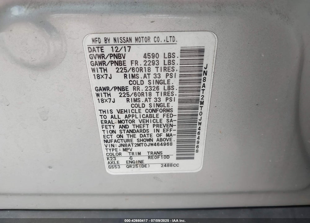 2018 NISSAN ROGUE VIN: JN8AT2MT0JW464968