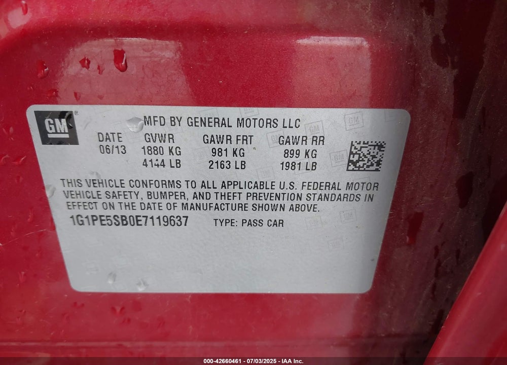 2014 CHEVROLET CRUZE 2LT AUTO VIN: 1G1PE5SB0E7119637