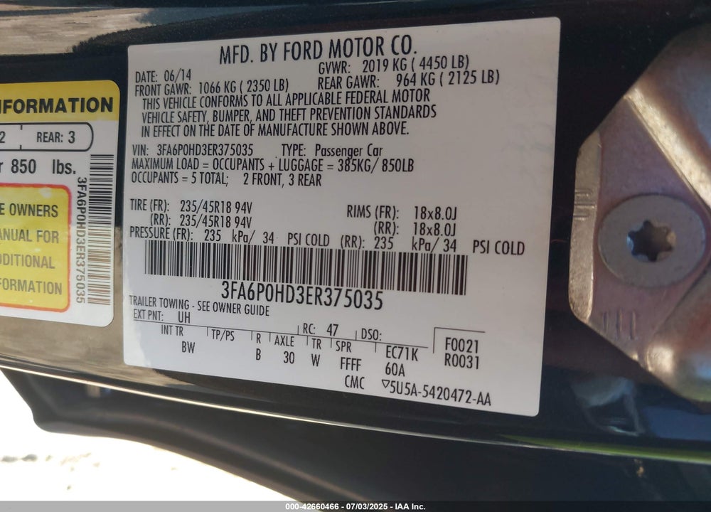 2014 FORD FUSION VIN: 3FA6P0HD3ER375035