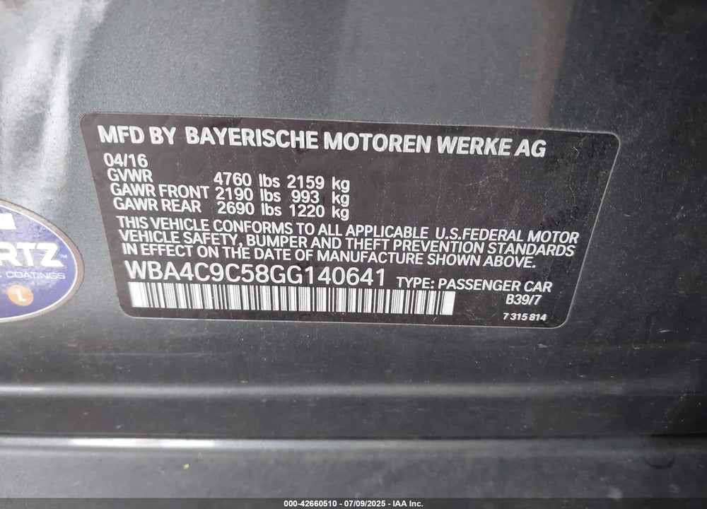 2016 BMW 428I GRAN COUPE XDRIVE VIN: WBA4C9C58GG140641
