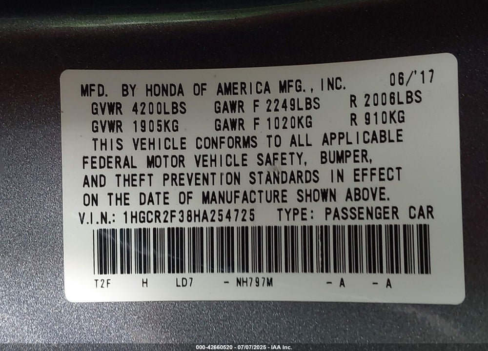 2017 HONDA ACCORD VIN: 1HGCR2F38HA254725