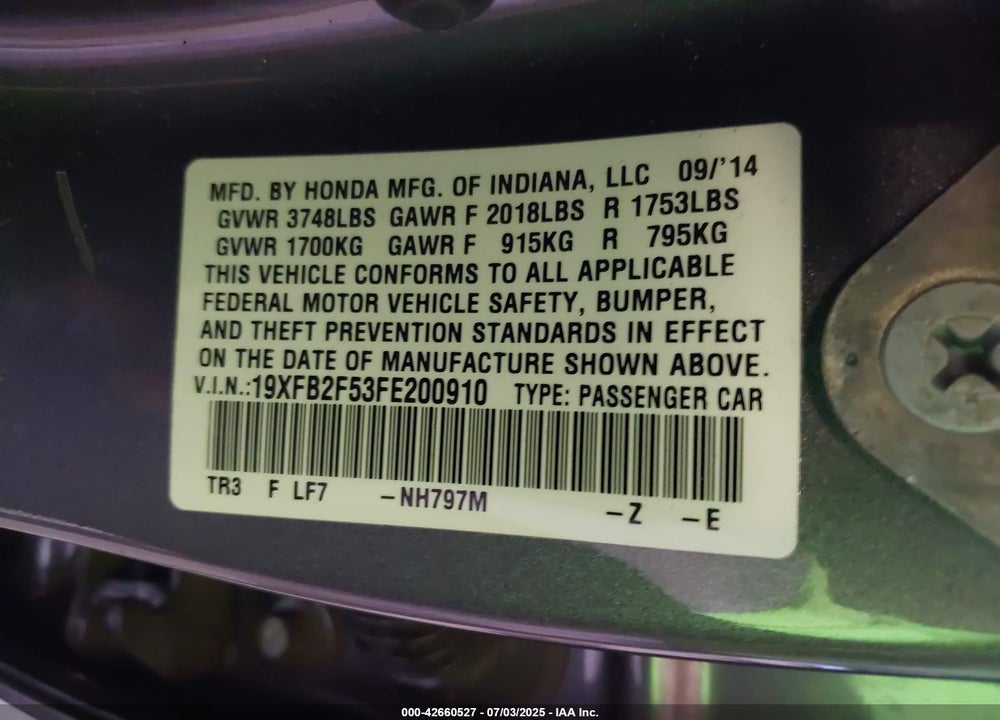 2015 HONDA CIVIC VIN: 19XFB2F53FE200910