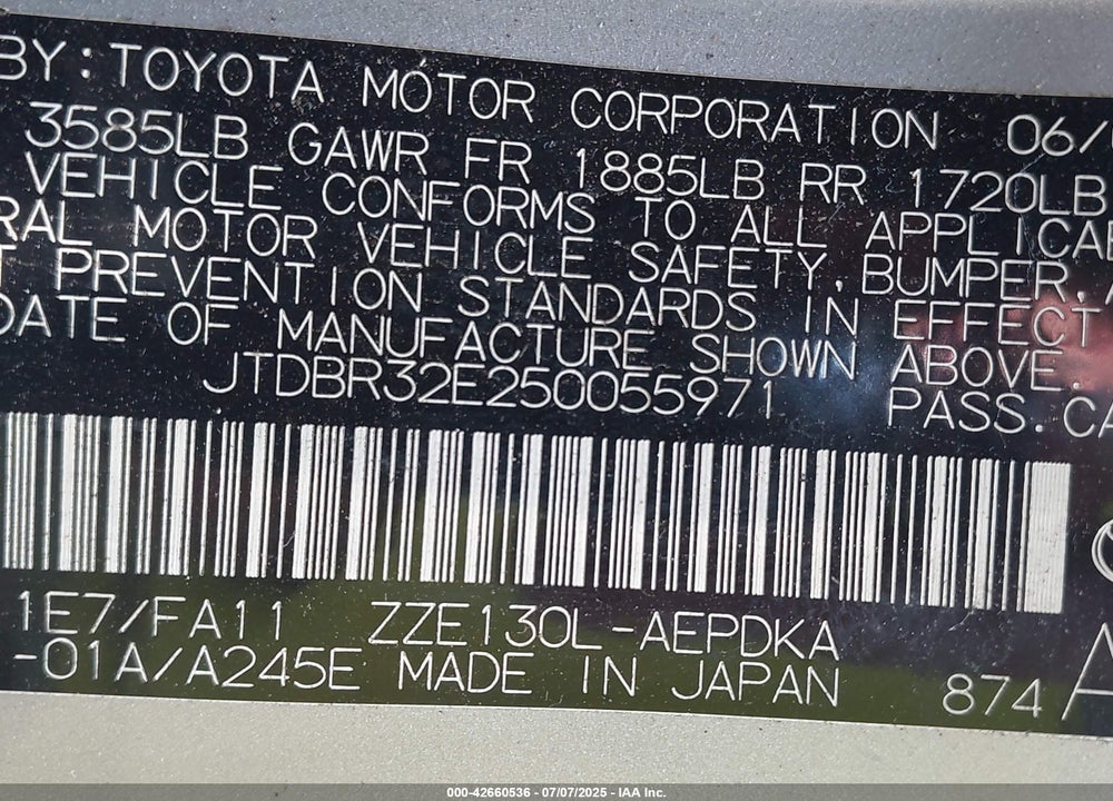 2005 TOYOTA COROLLA CE VIN: JTDBR32E250055971