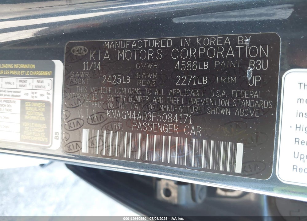 2015 KIA OPTIMA HYBRID VIN: KNAGN4AD3F5084171