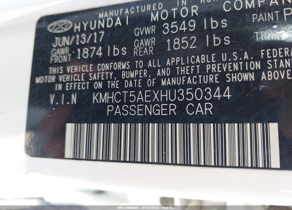 2017 HYUNDAI ACCENT VIN: KMHCT5AEXHU350344