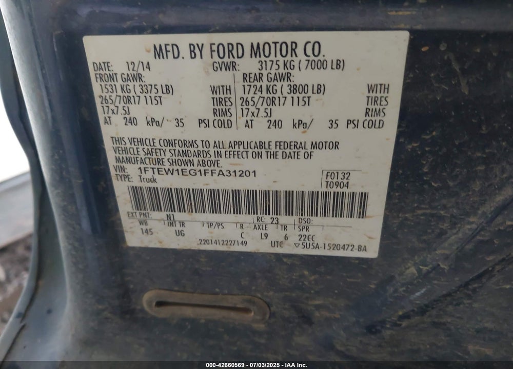 2015 FORD F-150 VIN: 1FTEW1EG1FFA31201