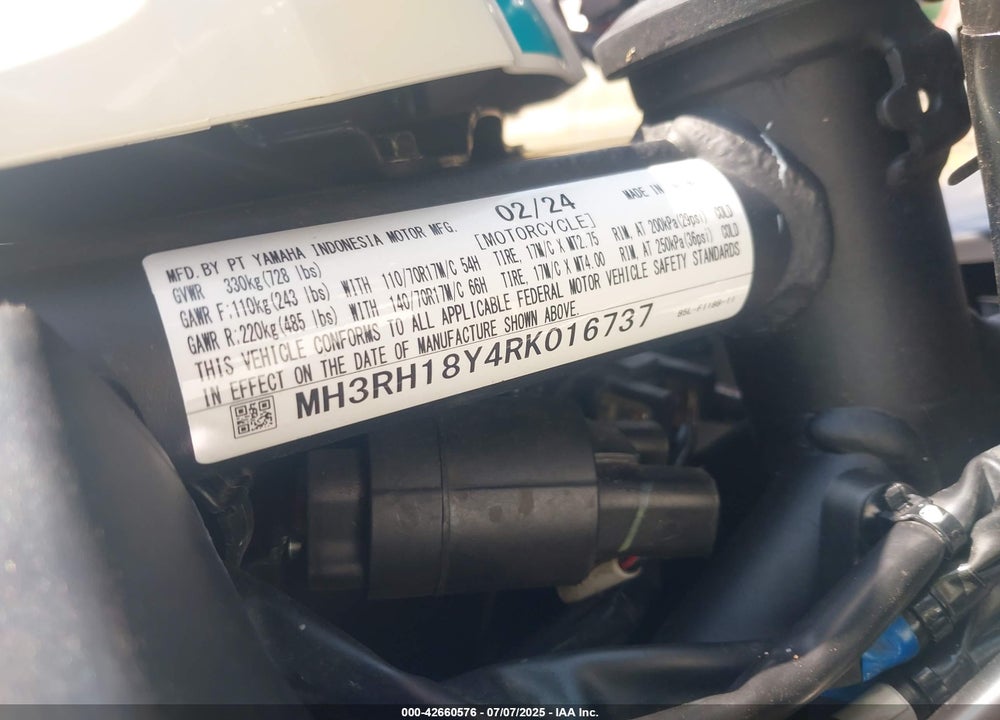 2024 YAMAHA YZFR3 VIN: MH3RH18Y4RK016737
