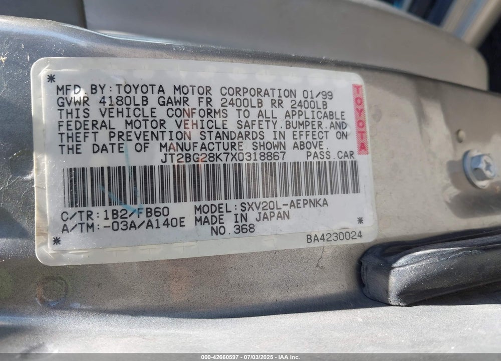 1999 TOYOTA CAMRY VIN: JT2BG28K7X0318867