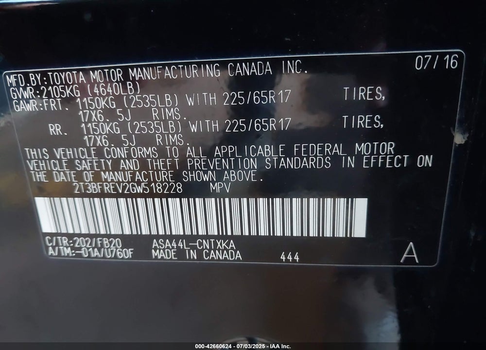 2016 TOYOTA RAV4 VIN: 2T3BFREV2GW518228