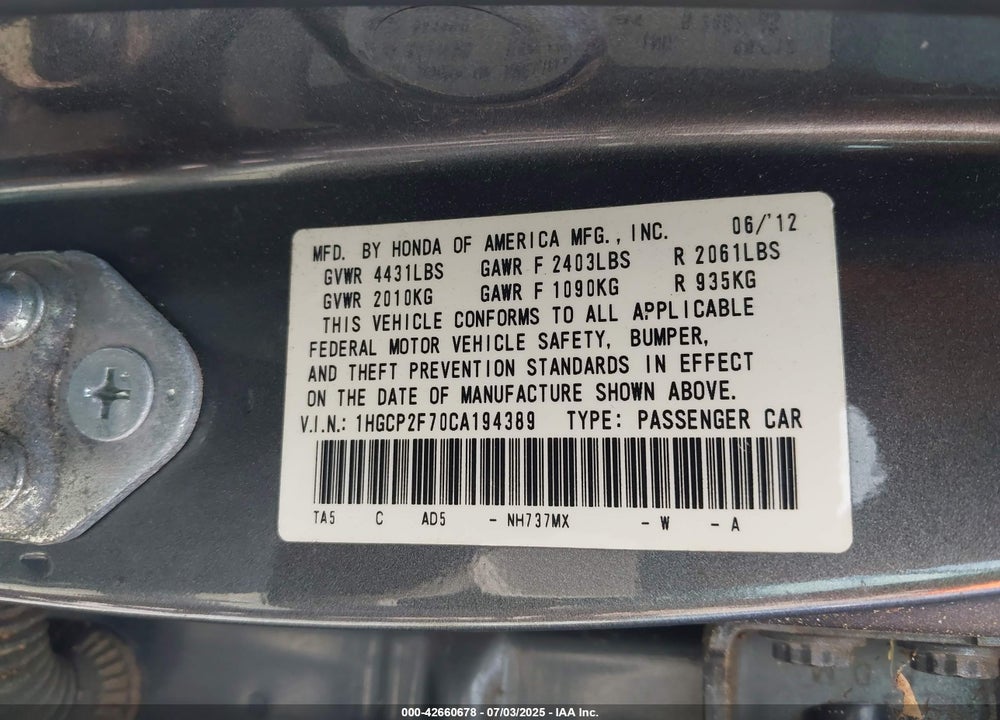 2012 HONDA ACCORD VIN: 1HGCP2F70CA194389