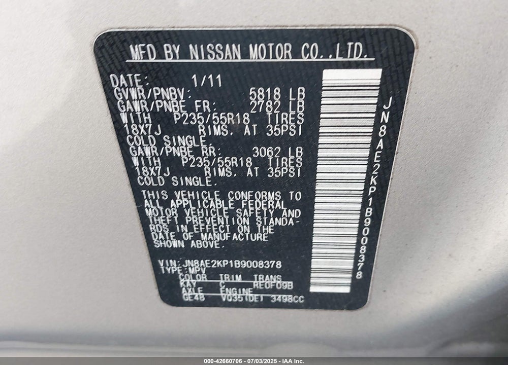 2011 NISSAN QUEST SL VIN: JN8AE2KP1B9008378