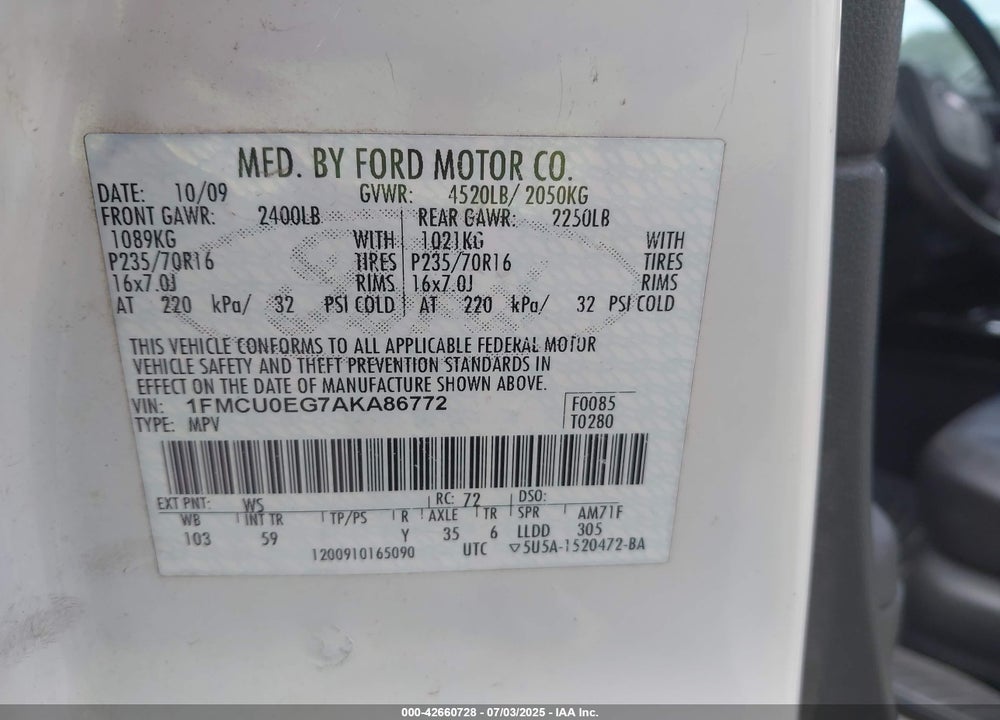2010 FORD ESCAPE LIMITED VIN: 1FMCU0EG7AKA86772