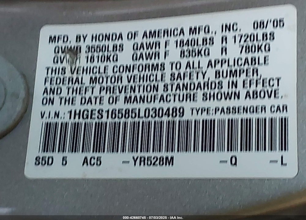 2005 HONDA CIVIC LX VIN: 1HGES16585L030489