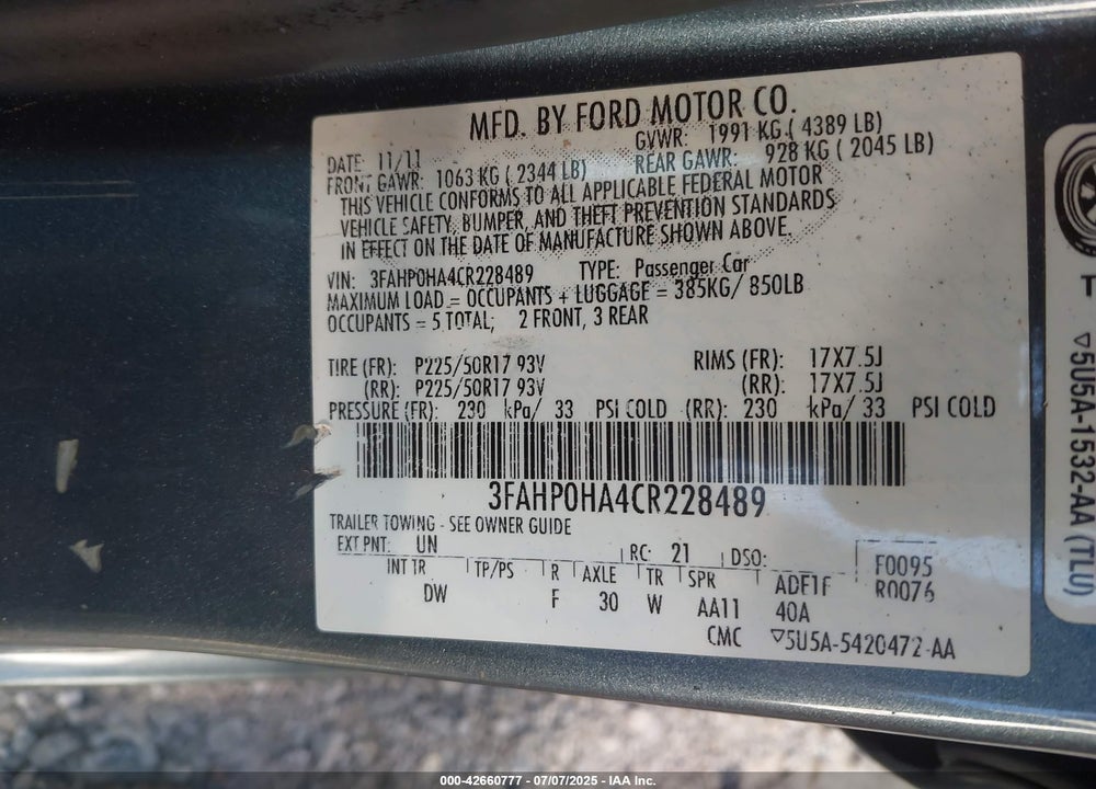 2012 FORD FUSION VIN: 3FAHP0HA4CR228489