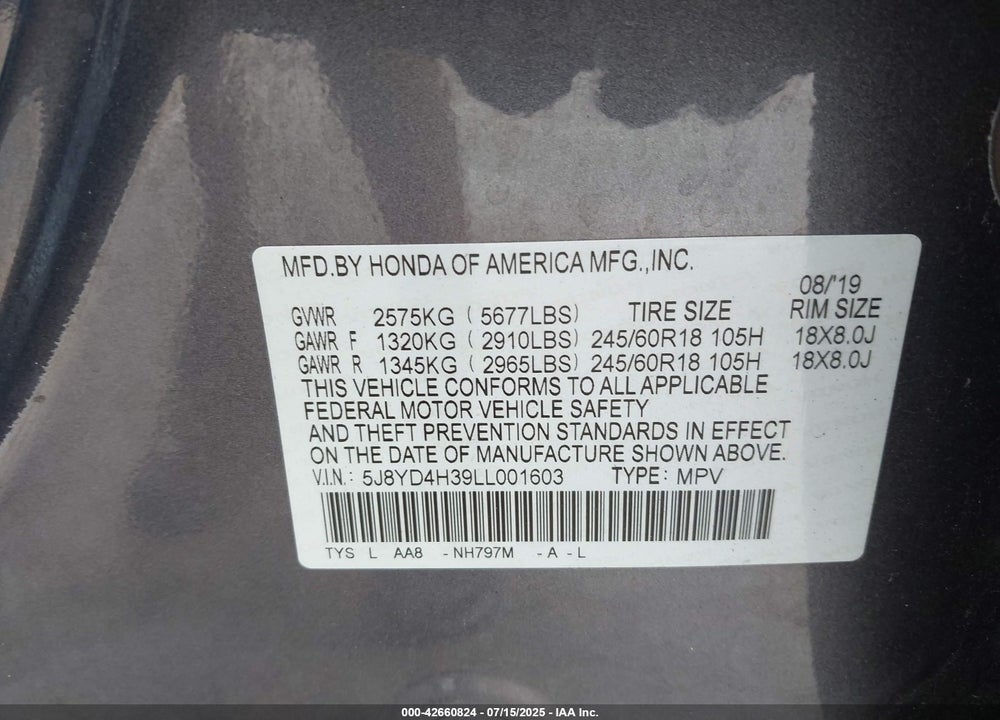 2020 ACURA MDX VIN: 5J8YD4H39LL001603