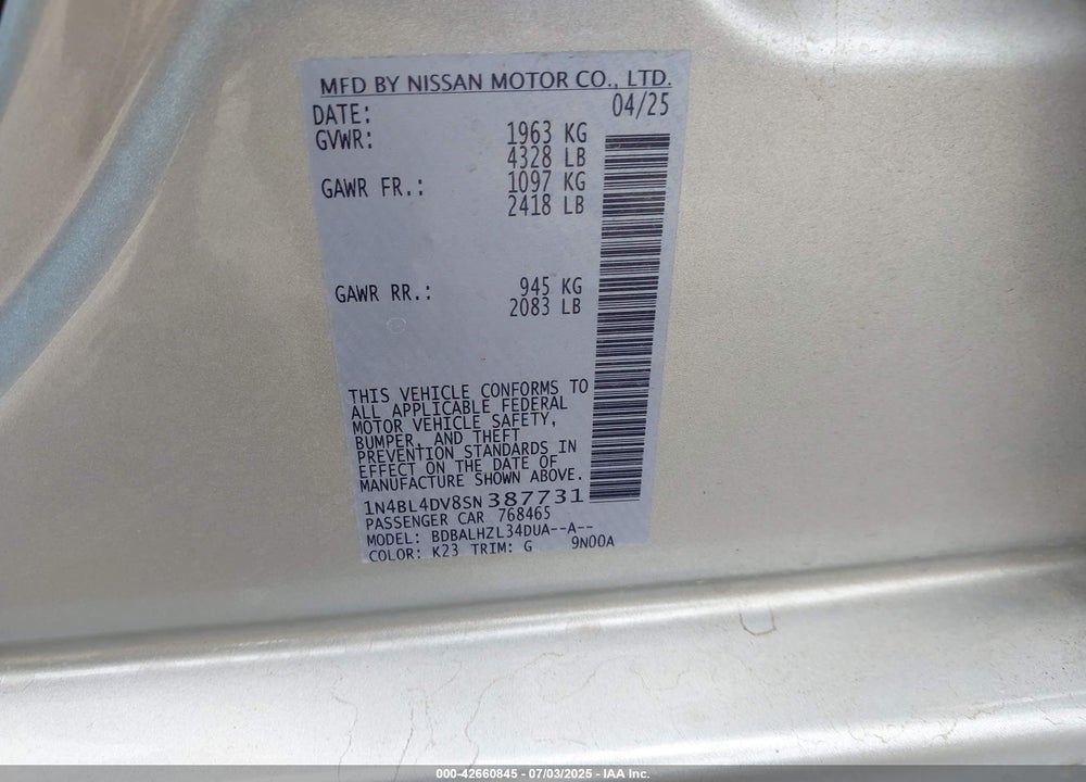2025 NISSAN ALTIMA VIN: 1N4BL4DV8SN387731