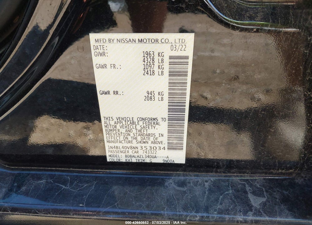 2022 NISSAN ALTIMA VIN: 1N4BL4DV8NN353034