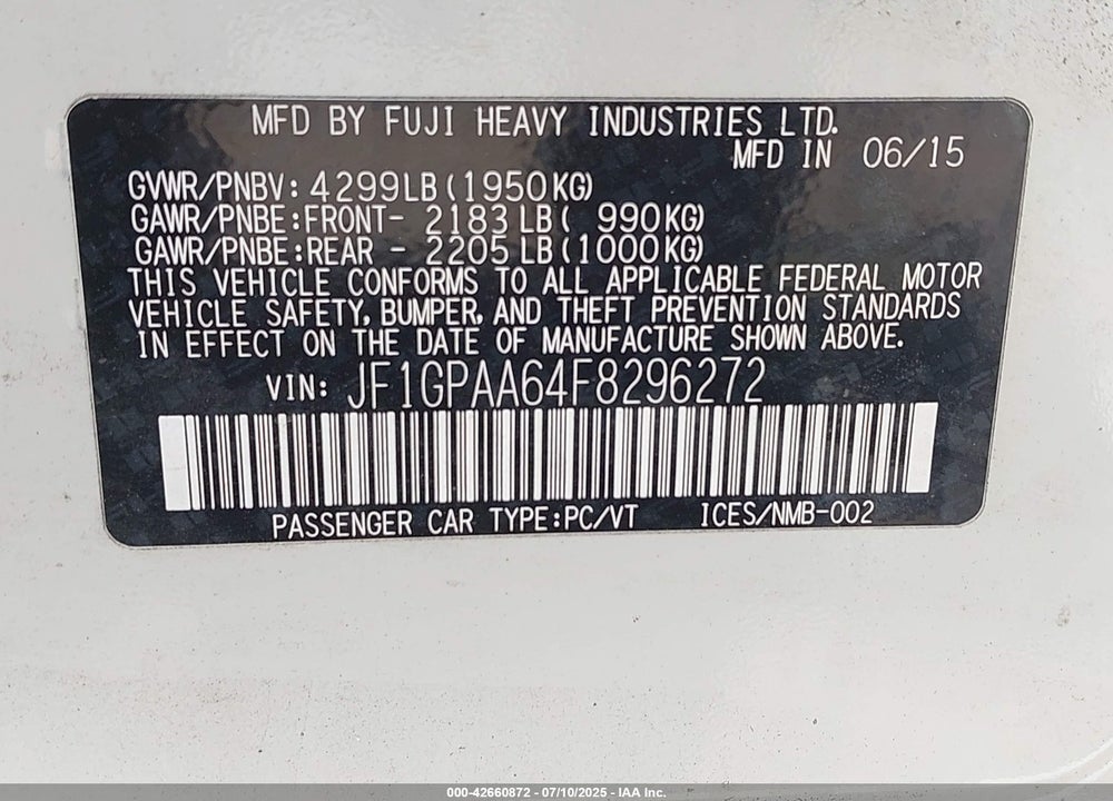 2015 SUBARU IMPREZA VIN: JF1GPAA64F8296272