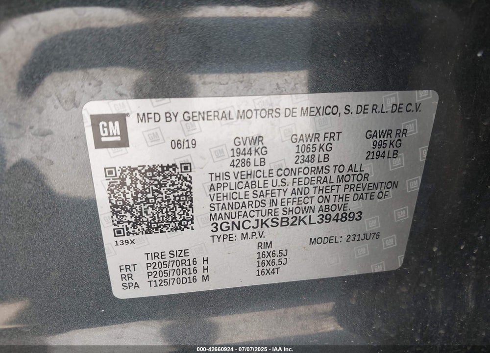 2019 CHEVROLET TRAX VIN: 3GNCJKSB2KL394893