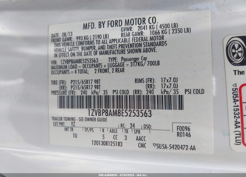 2014 FORD MUSTANG VIN: 1ZVBP8AM8E5253563