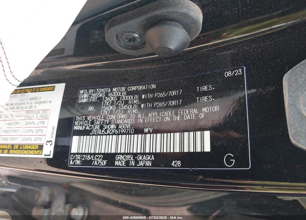 2023 TOYOTA 4RUNNER VIN: JTERU5JR2P6199710