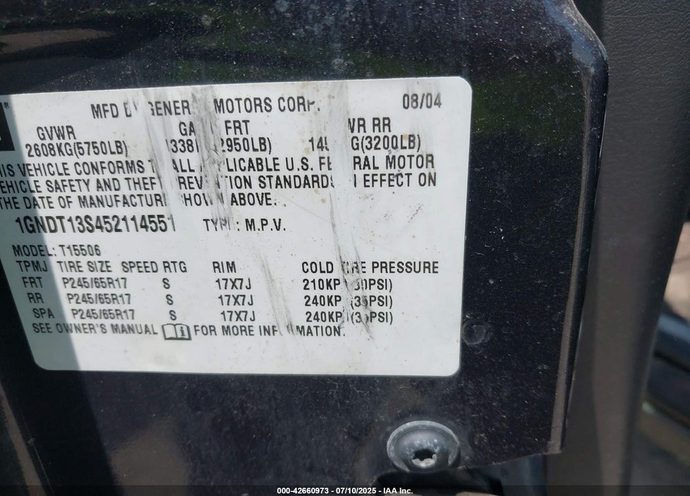 2005 CHEVROLET TRAILBLAZER LT VIN: 1GNDT13S452114551