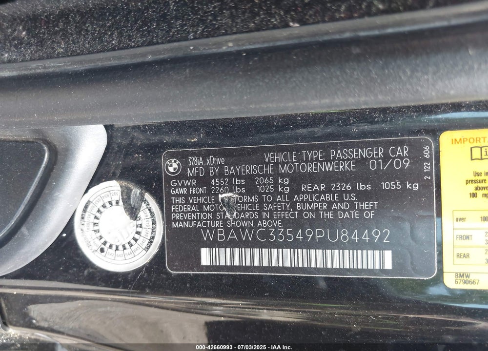 2009 BMW 328I VIN: WBAWC33549PU84492