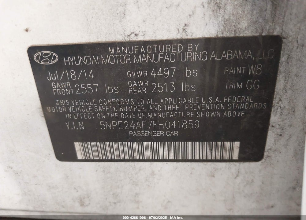 2015 HYUNDAI SONATA VIN: 5NPE24AF7FH041859