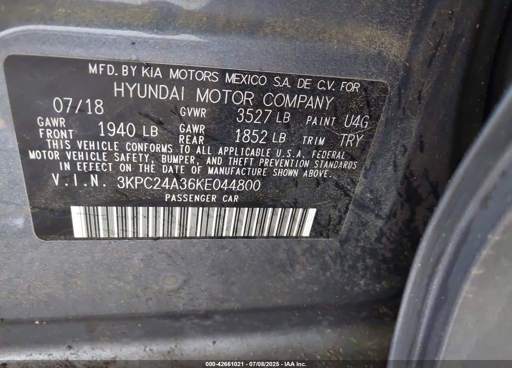 2019 HYUNDAI ACCENT VIN: 3KPC24A36KE044800