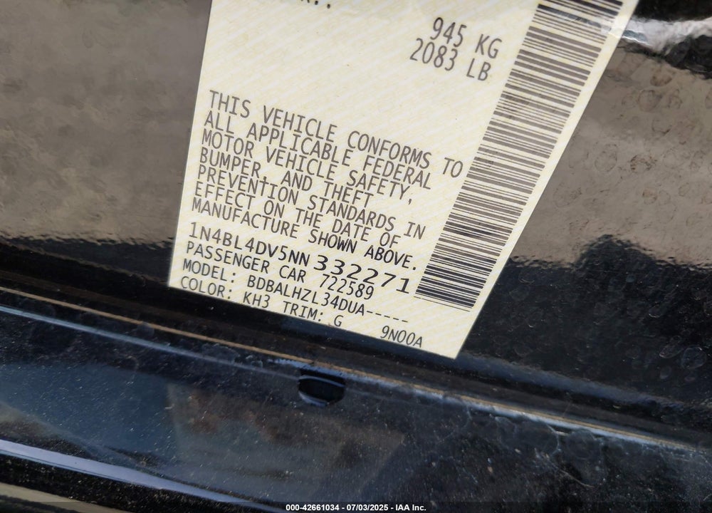 2022 NISSAN ALTIMA VIN: 1N4BL4DV5NN332271