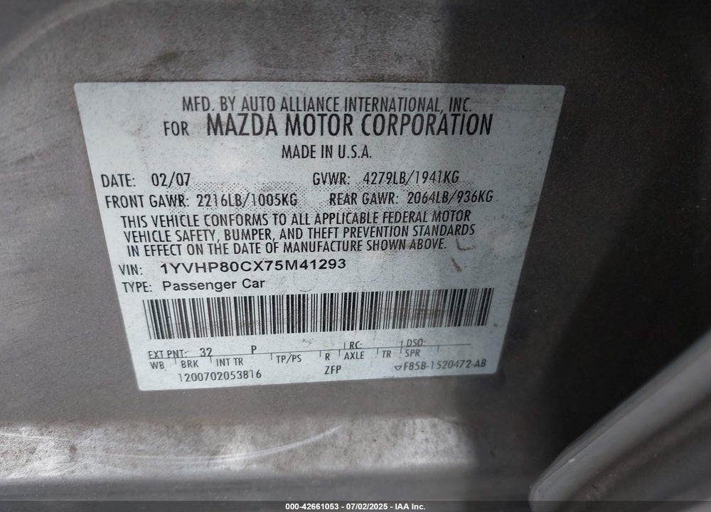 2007 MAZDA 6 VIN: 1YVHP80CX75M41293