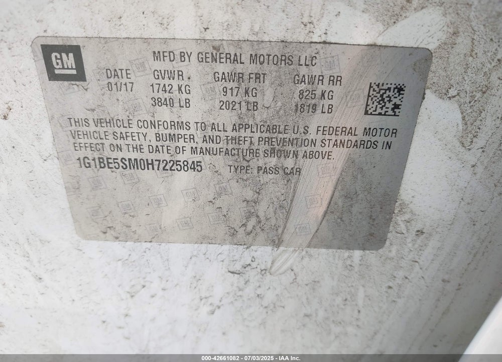 2017 CHEVROLET CRUZE LT AUTO VIN: 1G1BE5SM0H7225845