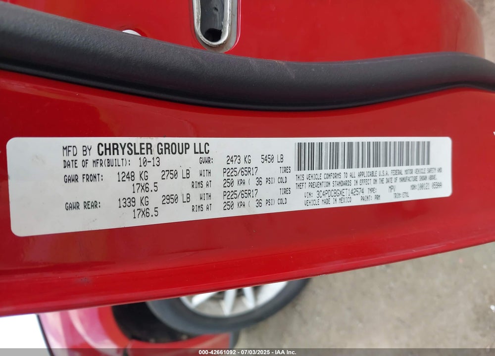 2014 DODGE JOURNEY VIN: 3C4PDCBGXET142574