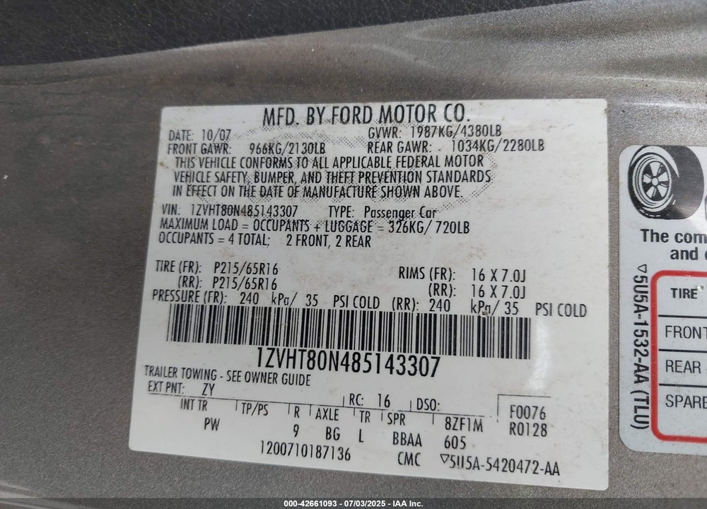 2008 FORD MUSTANG V6 DELUXE/V6 PREMIUM VIN: 1ZVHT80N485143307