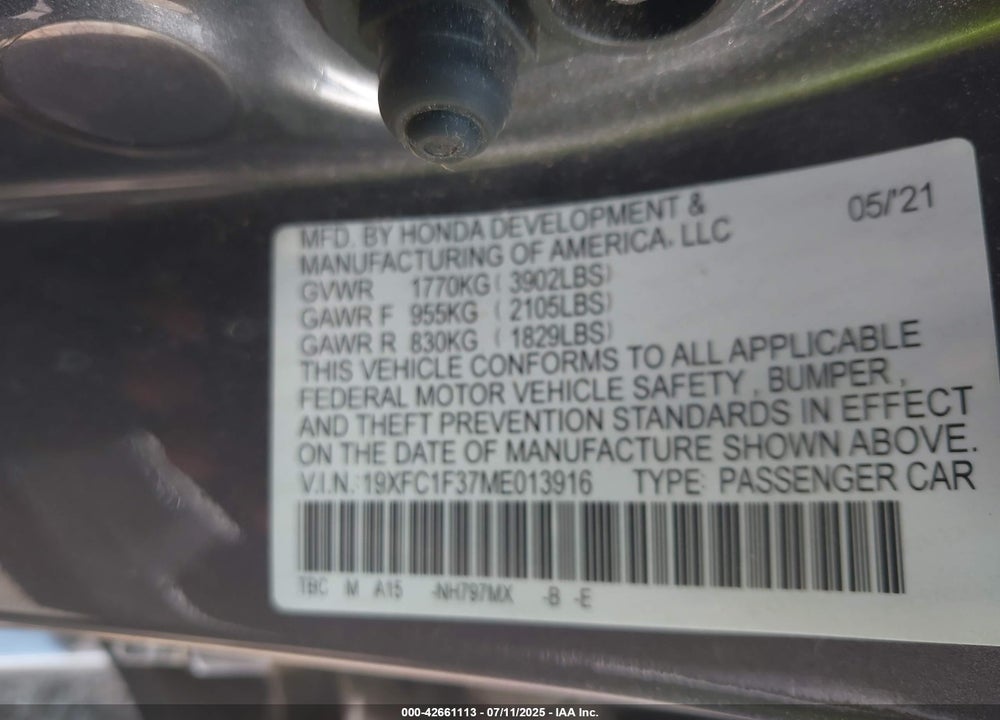 2021 HONDA CIVIC VIN: 19XFC1F37ME013916