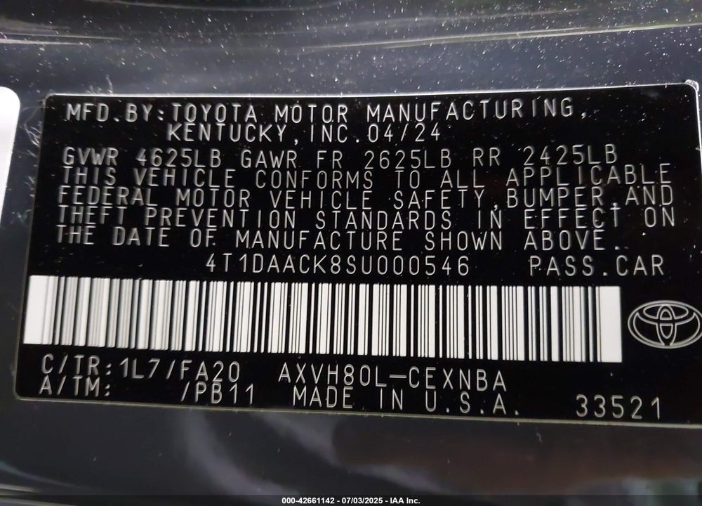 2025 TOYOTA CAMRY VIN: 4T1DAACK8SU000546