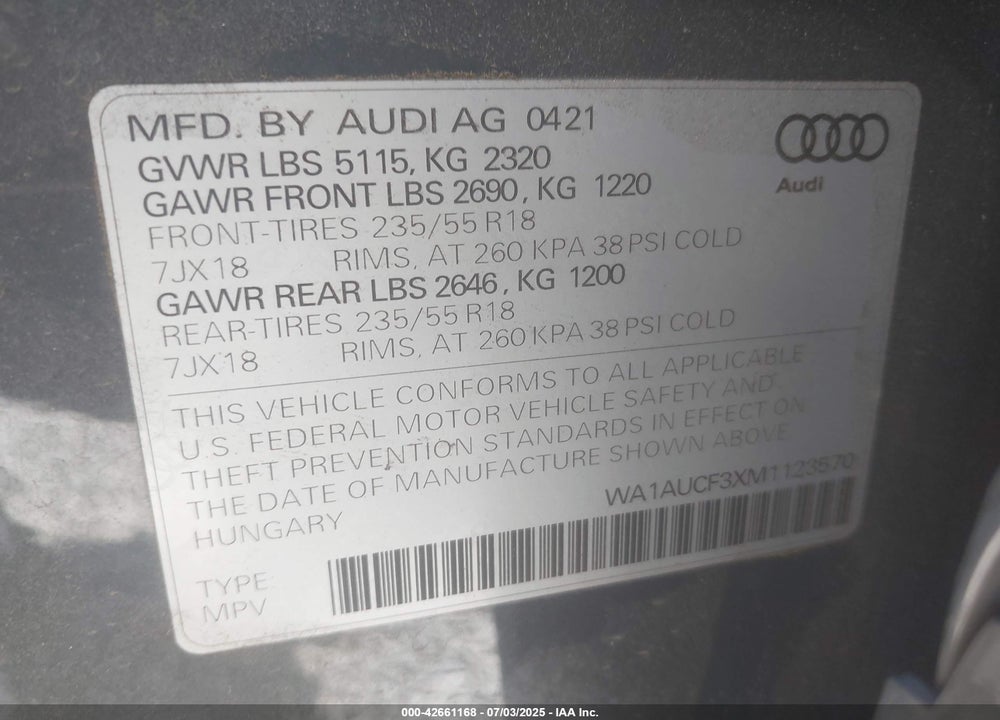 2021 AUDI Q3 PREMIUM 40 TFSI QUATTRO TIPTRONIC VIN: WA1AUCF3XM1123570