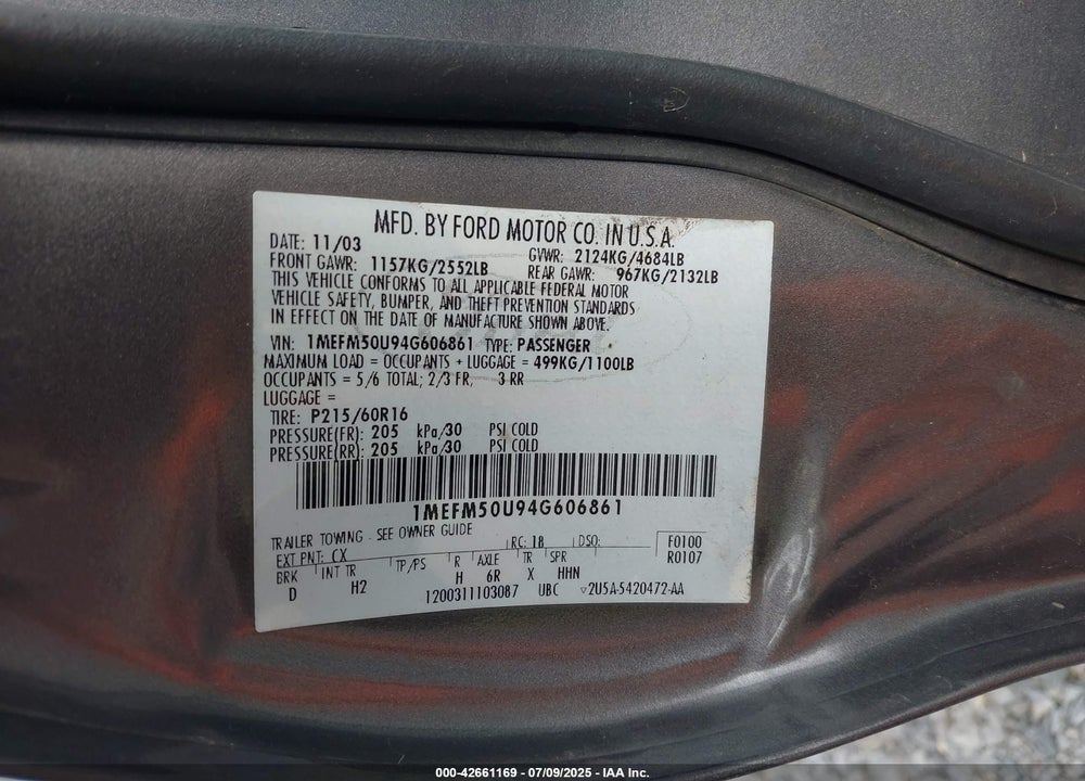 2004 MERCURY SABLE GS VIN: 1MEFM50U94G606861