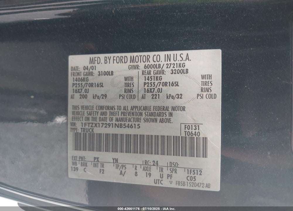 2001 FORD F-150 XL/XLT VIN: 1FTZX17291NB54615