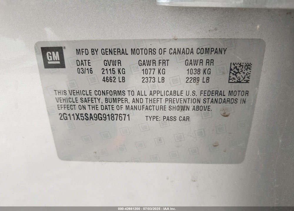 2016 CHEVROLET IMPALA 1FL VIN: 2G11X5SA9G9187671