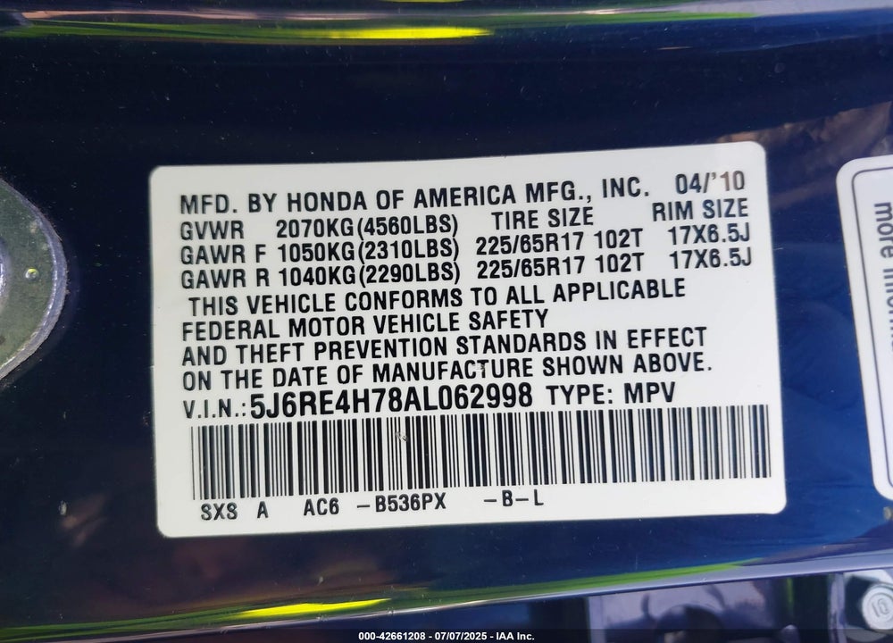 2010 HONDA CR-V EX-L VIN: 5J6RE4H78AL062998