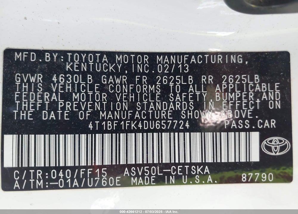 2013 TOYOTA CAMRY VIN: 4T1BF1FK4DU657724