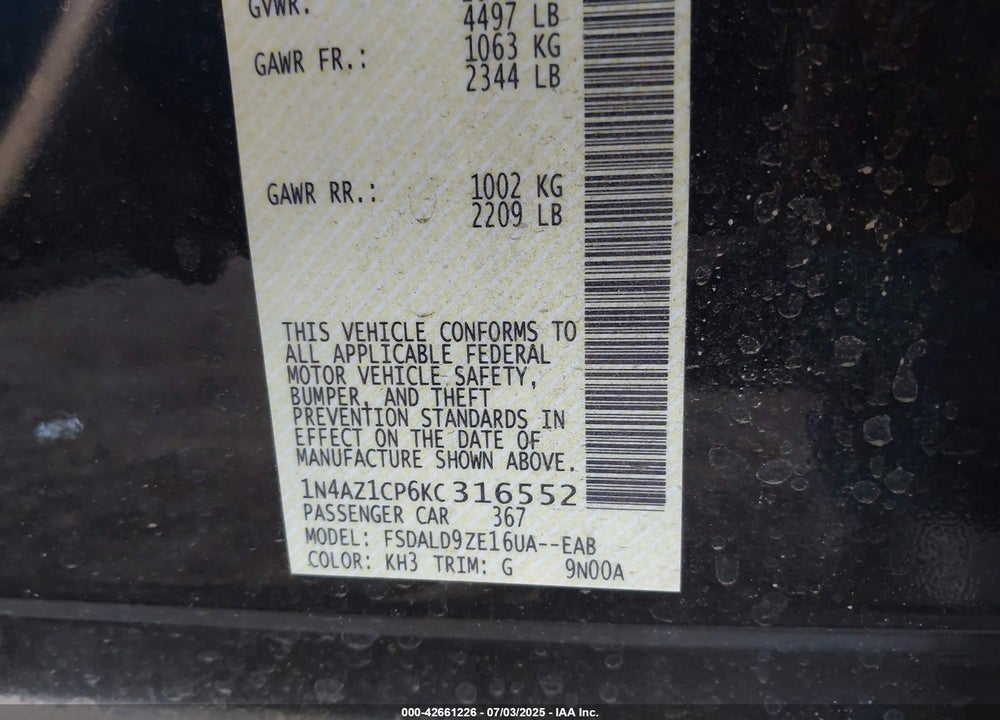 2019 NISSAN LEAF VIN: 1N4AZ1CP6KC316552