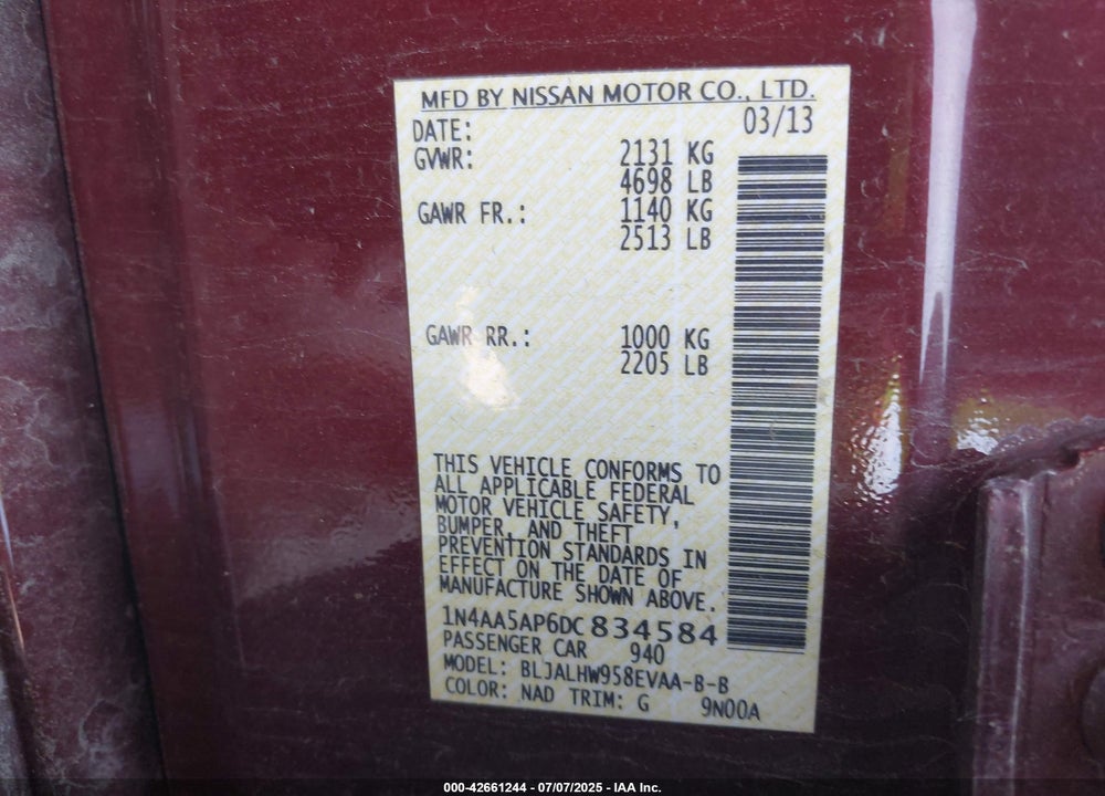 2013 NISSAN MAXIMA VIN: 1N4AA5AP6DC834584