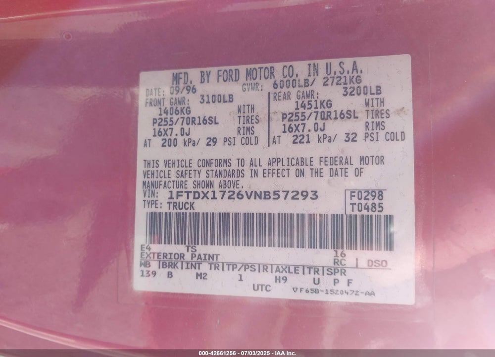 1997 FORD F-150 STANDARD/XL/XLT VIN: 1FTDX1726VNB57293