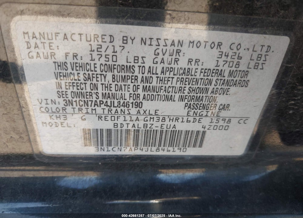 2018 NISSAN VERSA VIN: 3N1CN7AP4JL846190