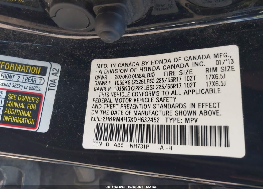 2013 HONDA CR-V VIN: 2HKRM4H5XDH632452