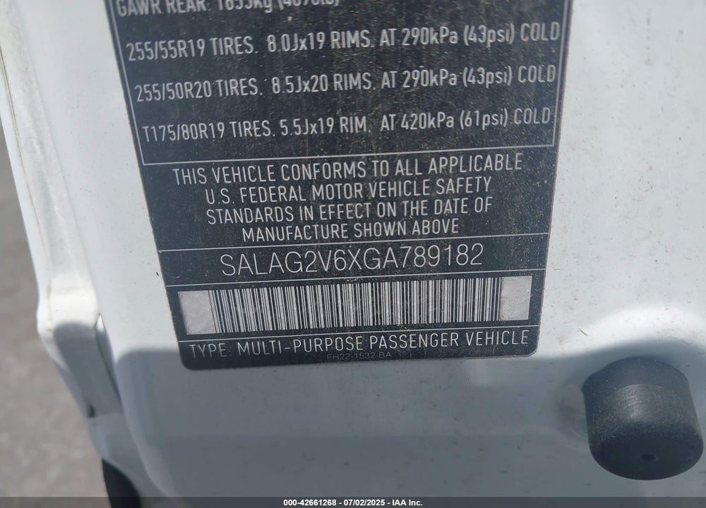 2016 LAND ROVER LR4 VIN: SALAG2V6XGA789182